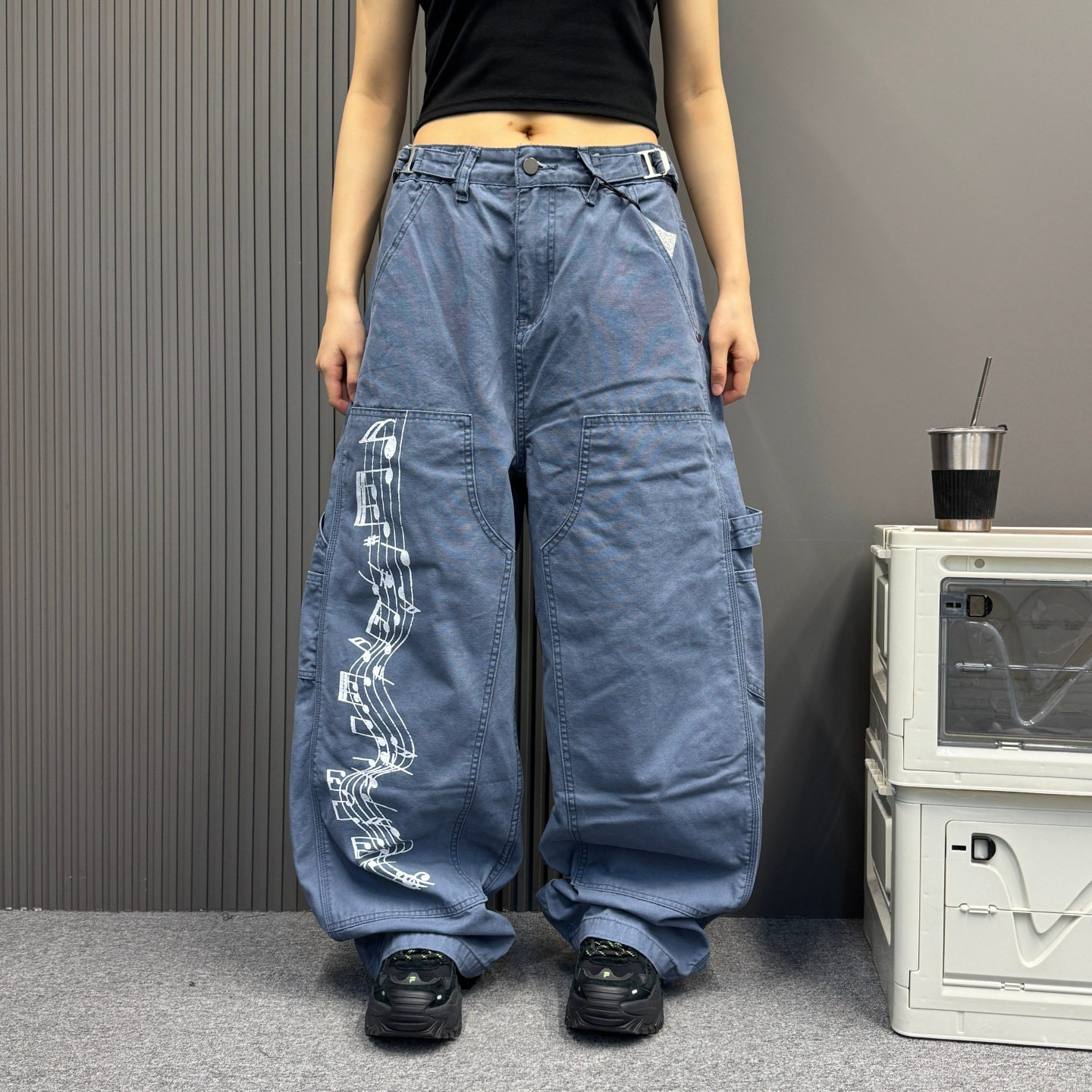复古街头滑板法工裤蓝色工装长裤男女夏休闲宽松时尚百搭牛仔长裤