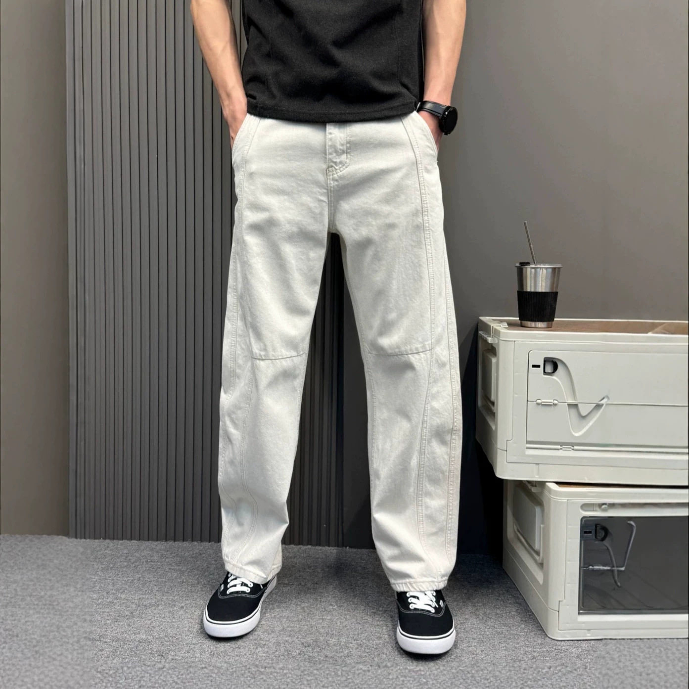 米白色牛仔裤男痞帅宽松直筒潮牌百搭垂感阔腿休闲长裤日常百搭
