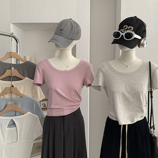 欧玛莱 纯欲辣妹风纯色后背镂空露腰短款T恤女春夏季短袖上衣6196