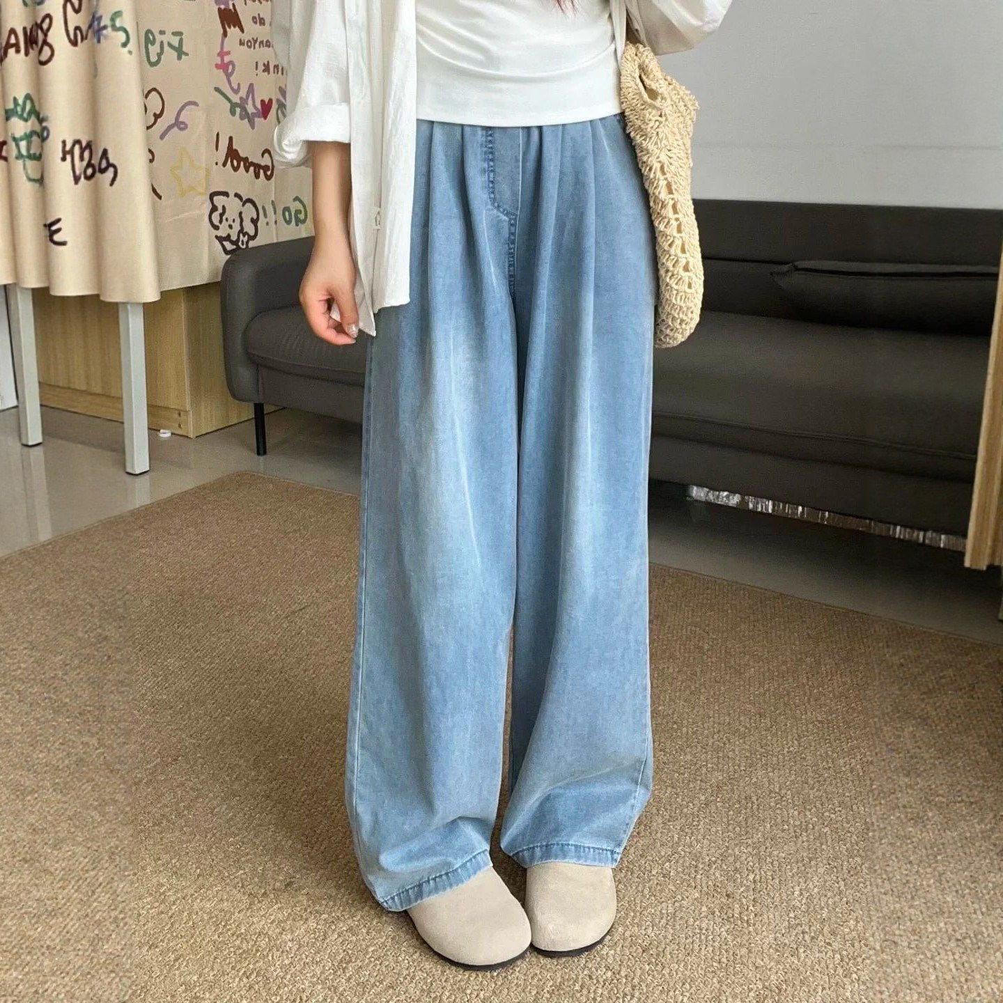 浅色直筒牛仔裤女2026新款春秋大码胖mm小个子慵懒松紧腰阔腿裤子