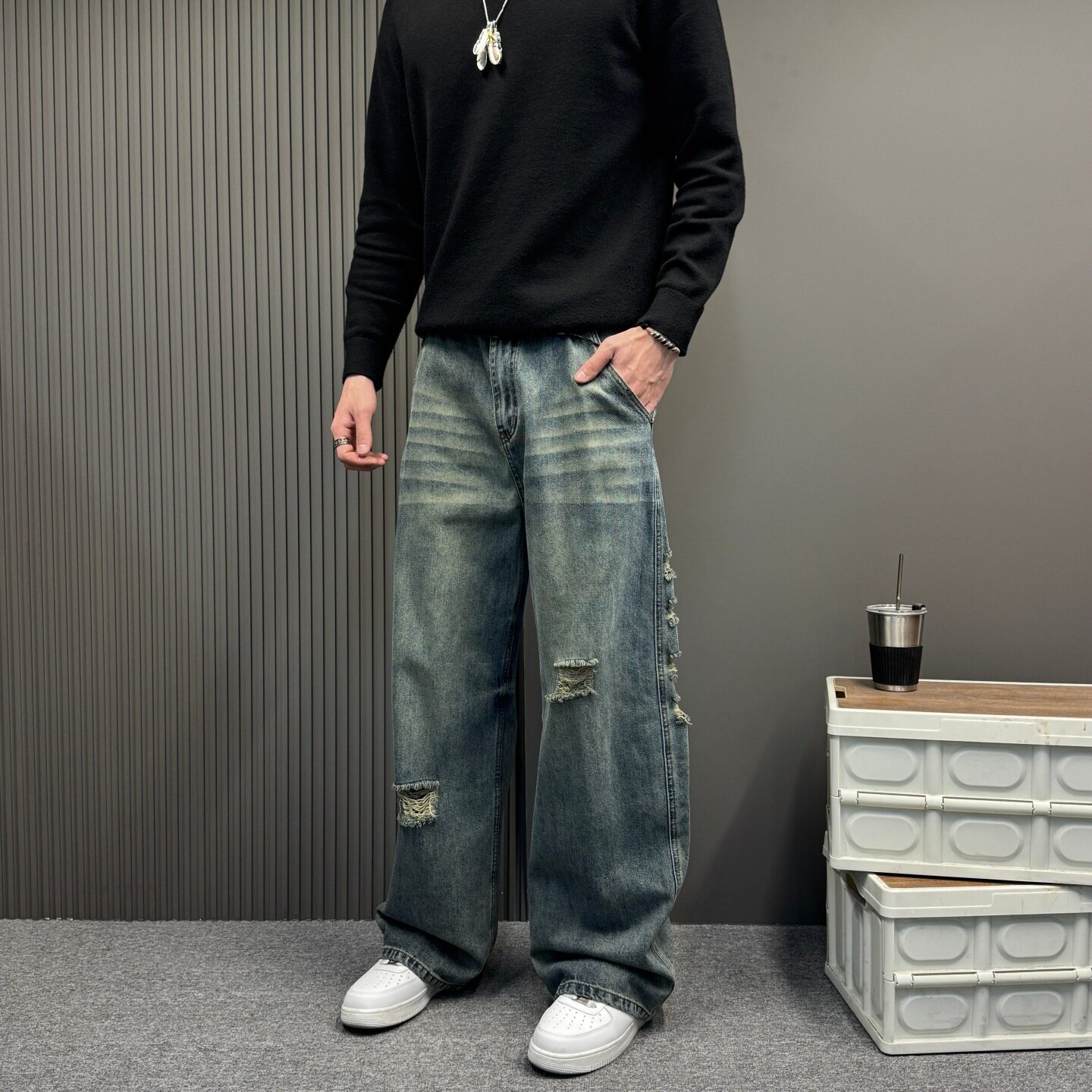 潮牌vibe破洞设计复古水洗牛仔裤男女款弯刀宽松阔腿百搭休闲长裤