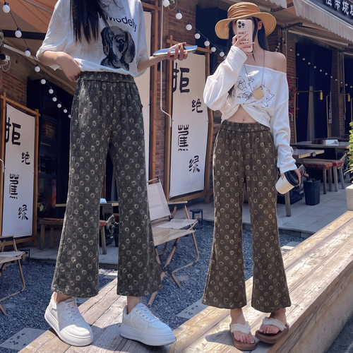 韩系复古印花薄款九分微喇裤女2026高腰显瘦气质百搭直筒休闲裤子