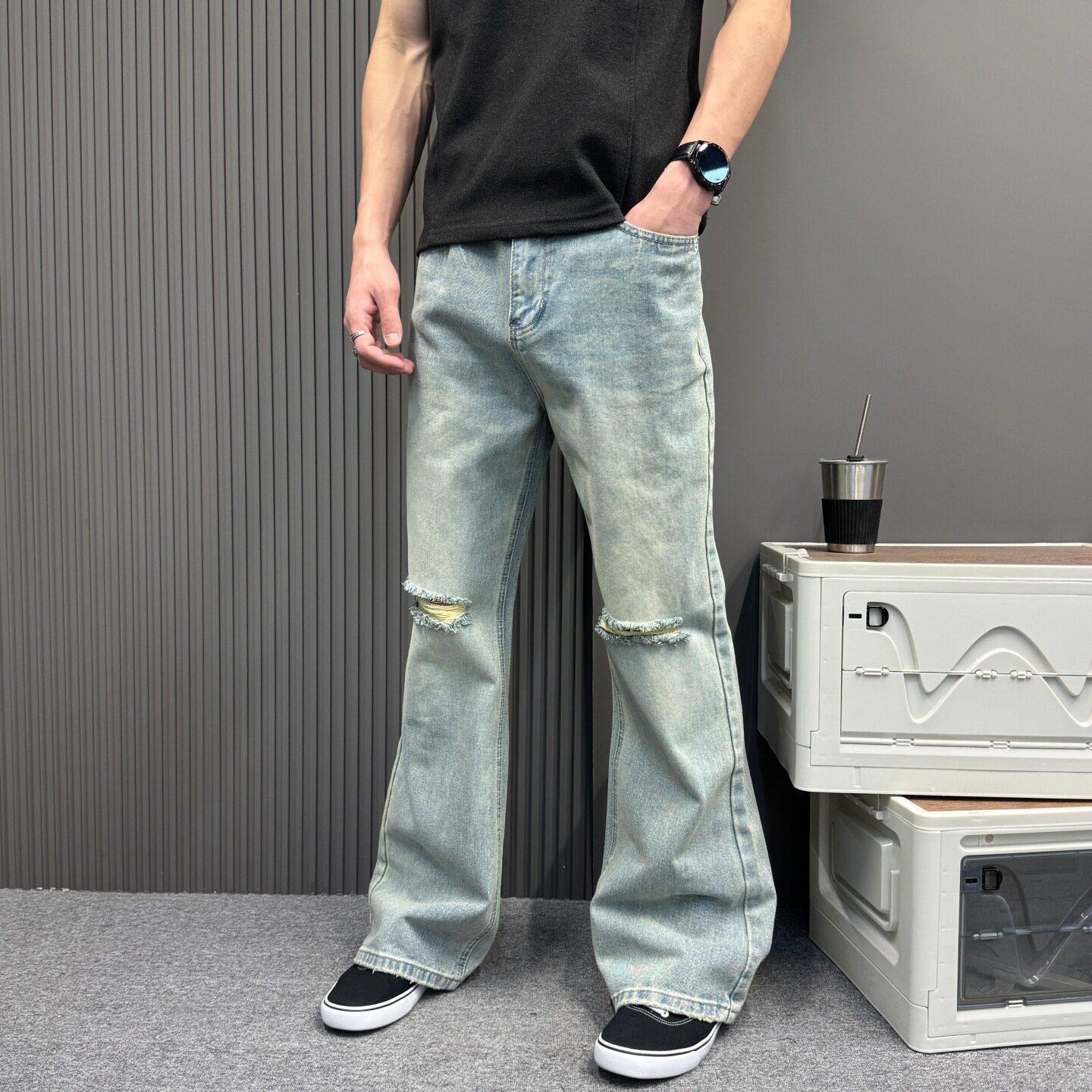美式水洗做旧破洞牛仔裤男女潮流简约休闲宽松喇叭裤百搭直筒长裤
