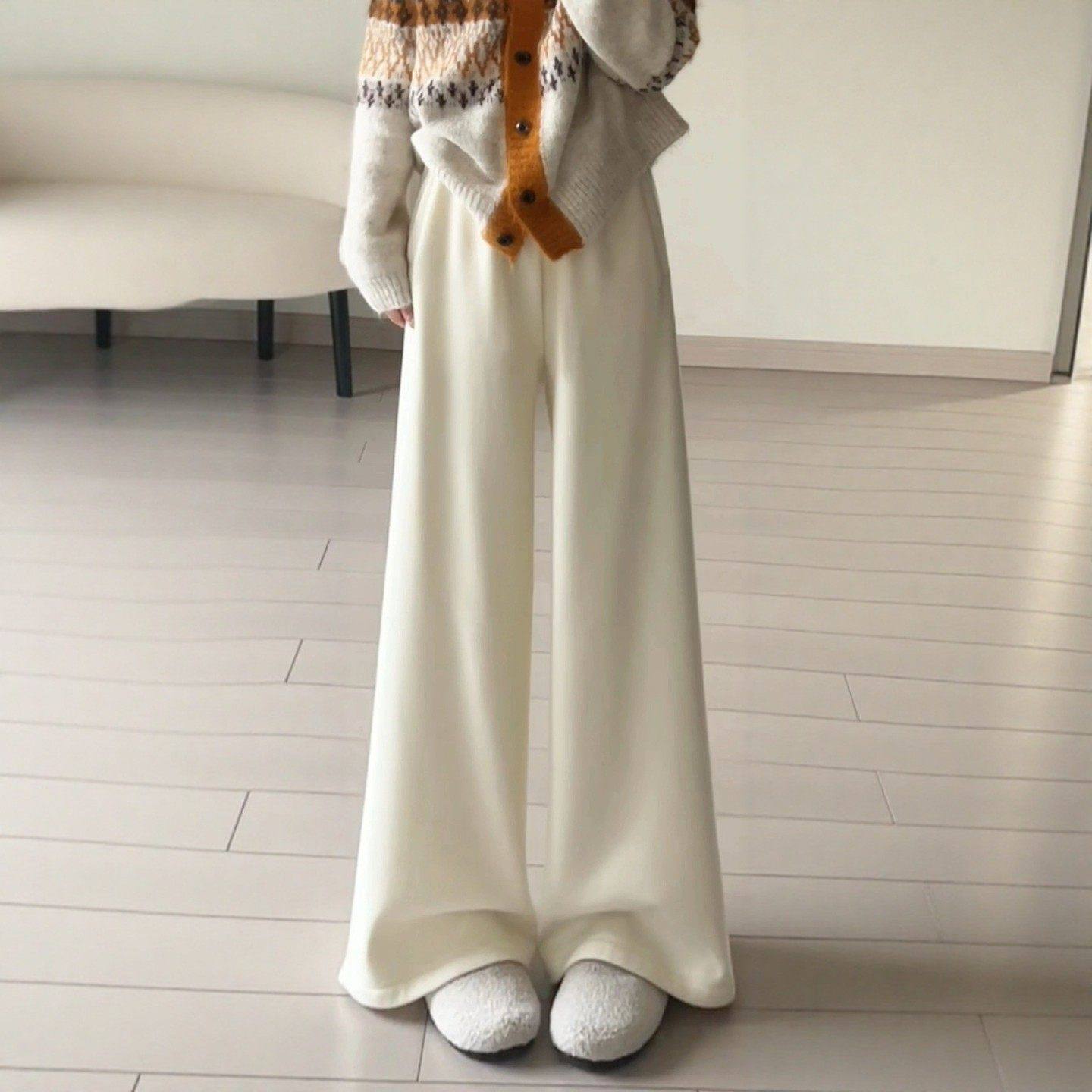 白色奶芙阔腿裤女秋冬季宽松垂感直筒休闲小个子加绒山本糯米裤子