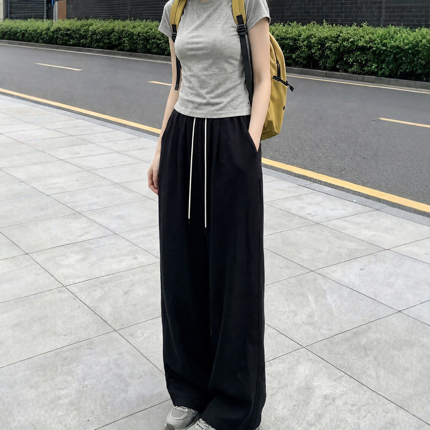 黑色速干运动阔腿裤女款夏季薄款2026新款小个子冰丝宽松山本裤子