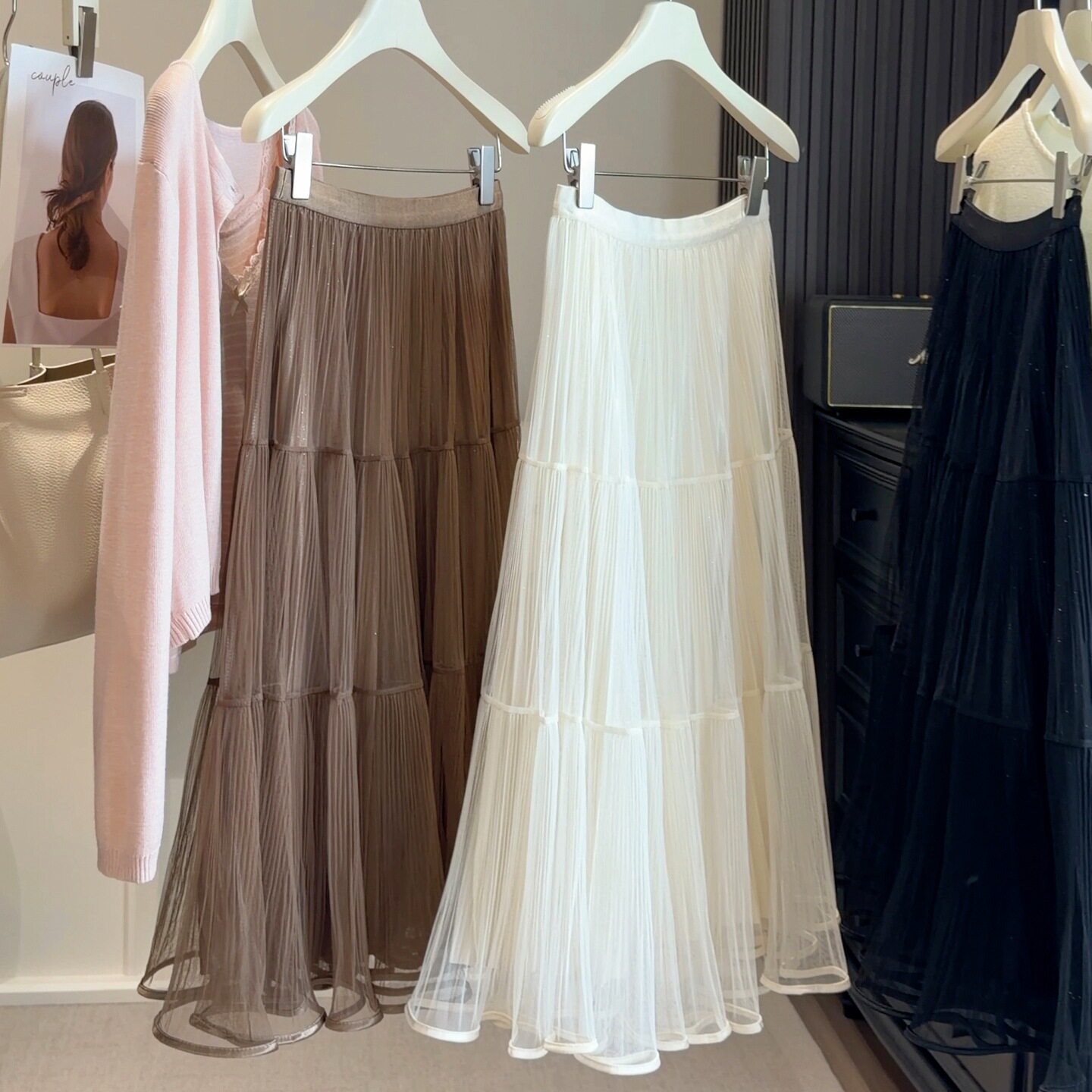 法式闪闪网纱蛋糕半身裙女春夏新款2026中长款A字百褶大摆纱裙潮