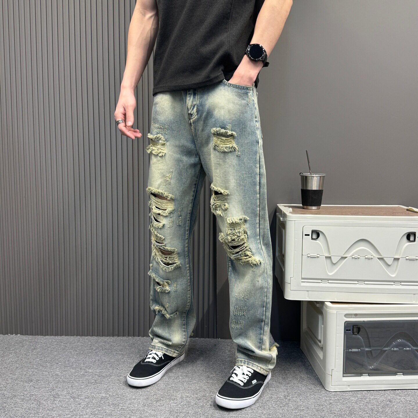 美式高街牛仔裤男春季潮牌痞帅破洞补丁乞丐裤宽松设计感直筒长裤