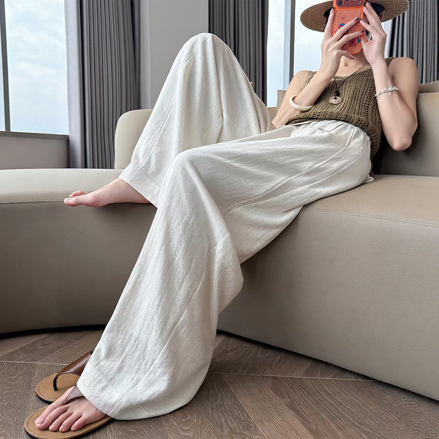 白色亚麻裤女裤子2026新款夏季薄款小个子冰丝棉麻窄版直筒阔腿裤