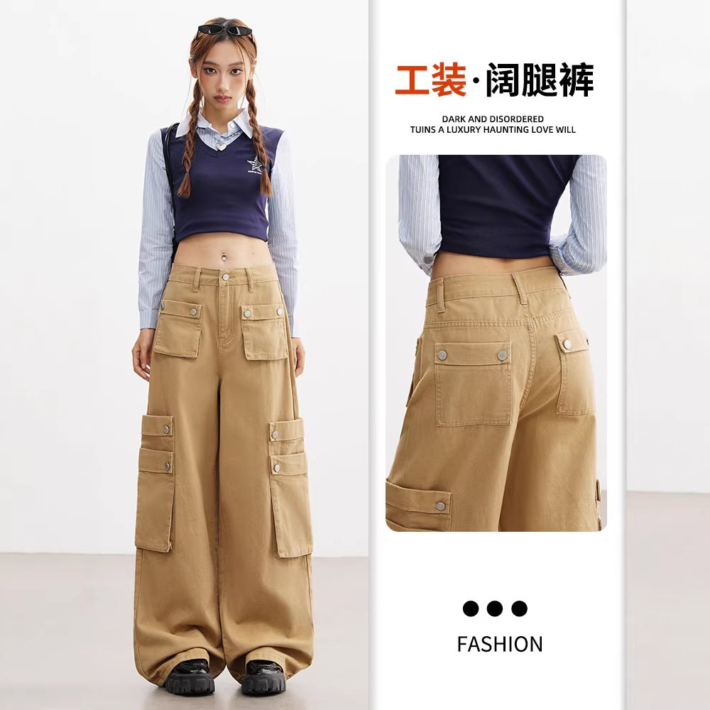 卡其色高腰多口袋复古阔腿牛仔裤女2026新款春季辣妹宽松工装裤子,女装/女士精品,牛仔裤,淘宝优惠券,粉丝福利购,淘宝优惠卷