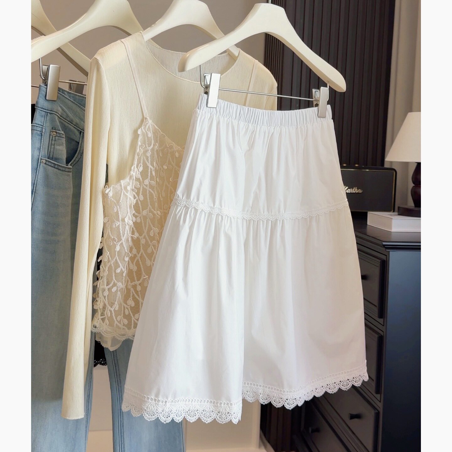 小个子白色蕾丝花边拼接半身裙女夏新款2026韩系高腰显瘦a字中裙