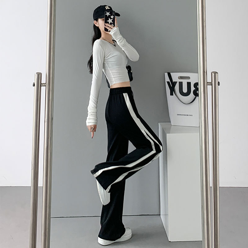 黑色阔腿裤女春秋款2026新款高腰垂感宽松休闲裤子直筒条纹运动裤