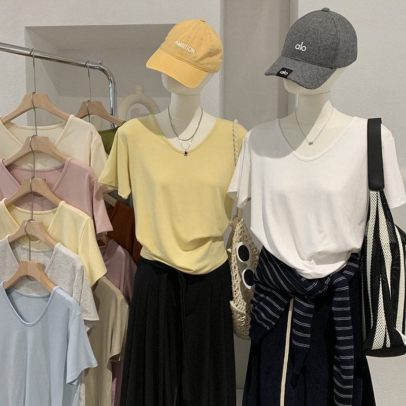 欧玛莱 桃心领莫代尔纯色短袖柔软打底衫T恤2026春夏季新品女6415