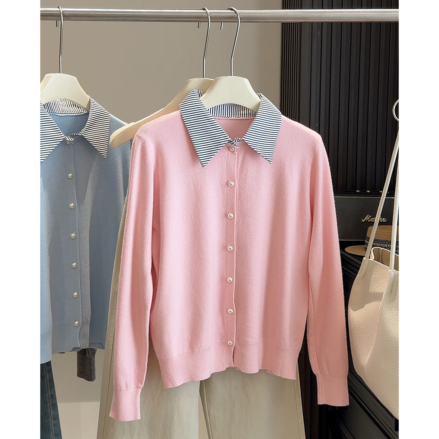 假两件条纹衬衫领拼接长袖女式针织衫开衫2026春季新款打底衫上衣