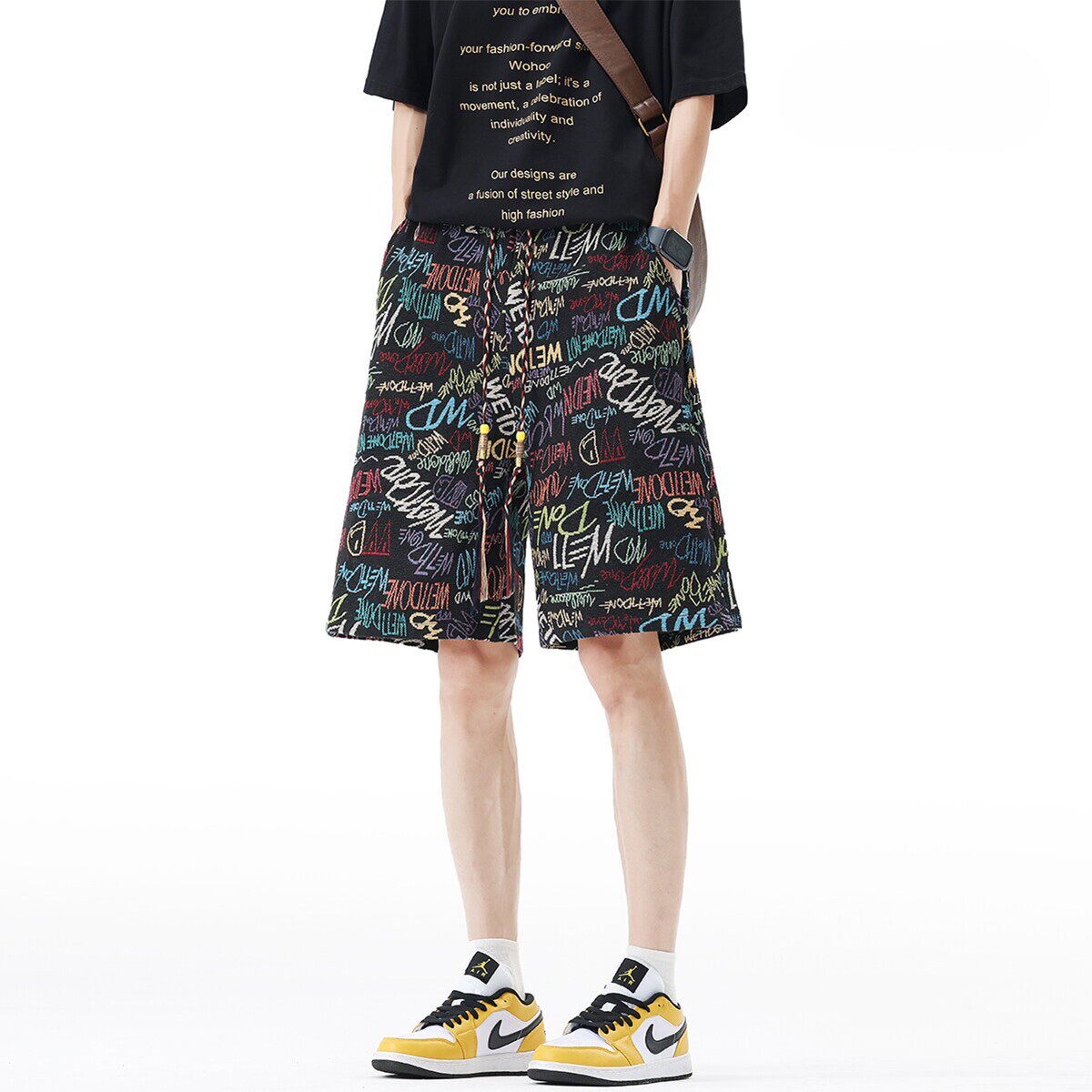 多巴胺满印涂鸦短裤男夏外穿美式高街嘻哈五分裤宽松运动痞帅裤子