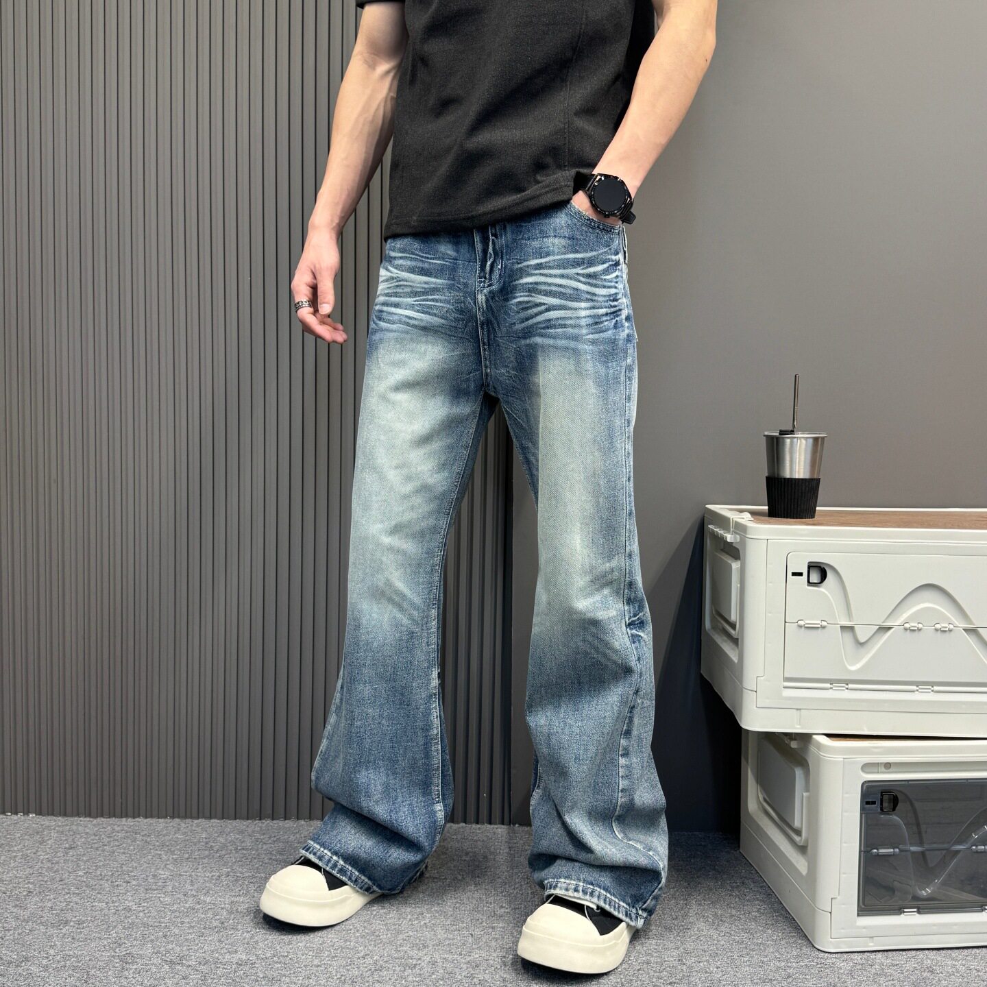 美式复古阔腿微喇牛仔裤男女款宽松直筒垂感休闲裤街头痞帅微喇裤