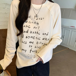 2026新款春季正肩纯棉长袖t恤女内搭美式宽松白色上衣体恤打底衫