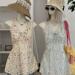 欧玛莱 重工花朵刺绣印花绑带V领挂脖无袖上衣夏季温柔风女装6854