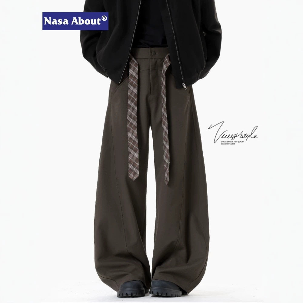 NASA美式复古格子腰带弯刀西裤男春秋夏季新款垂感阔腿休闲长裤子