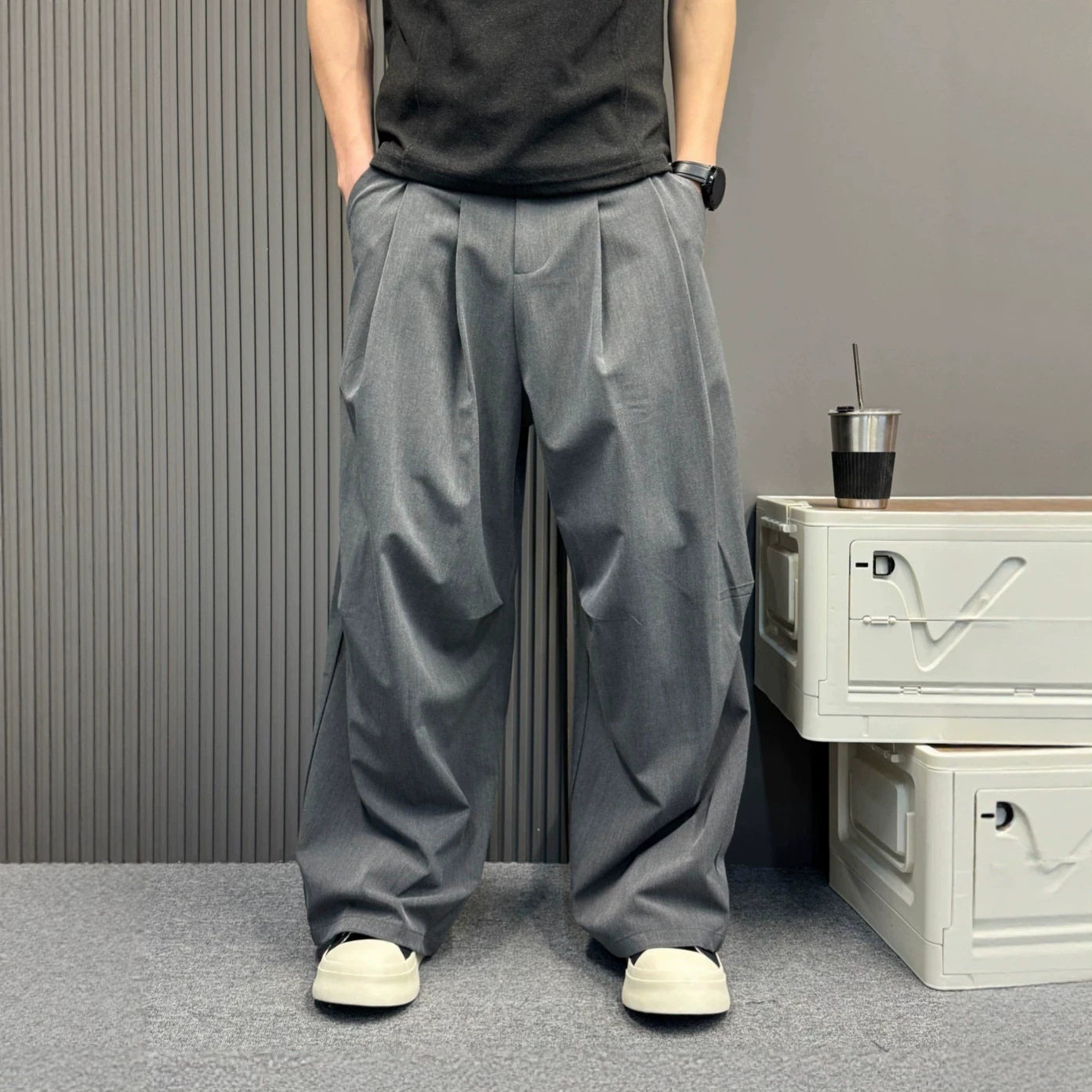 灰色垂感阔腿西裤男春秋季宽松直筒休闲裤痞帅高级感打褶西装裤