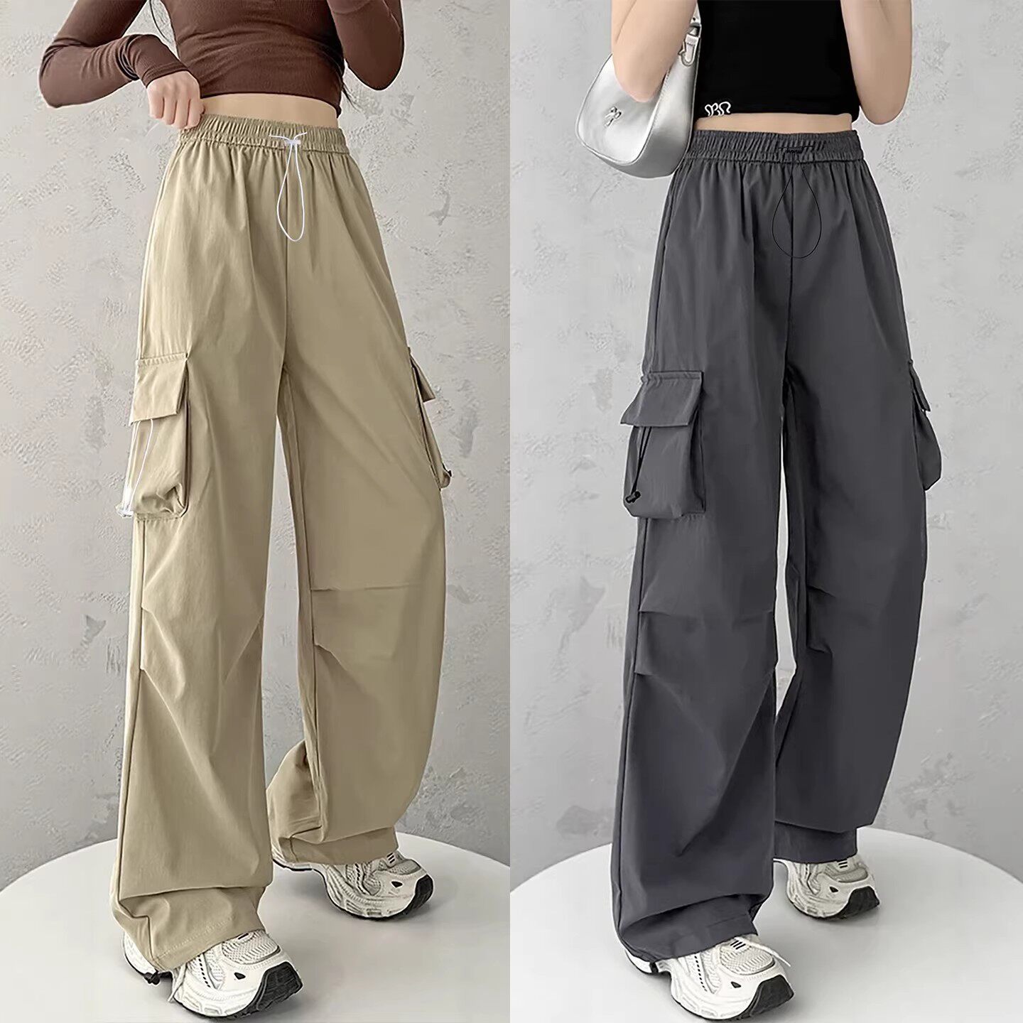 卡其色速干工装裤女夏季薄款2026新款美式运动裤小个子冰丝冲锋裤