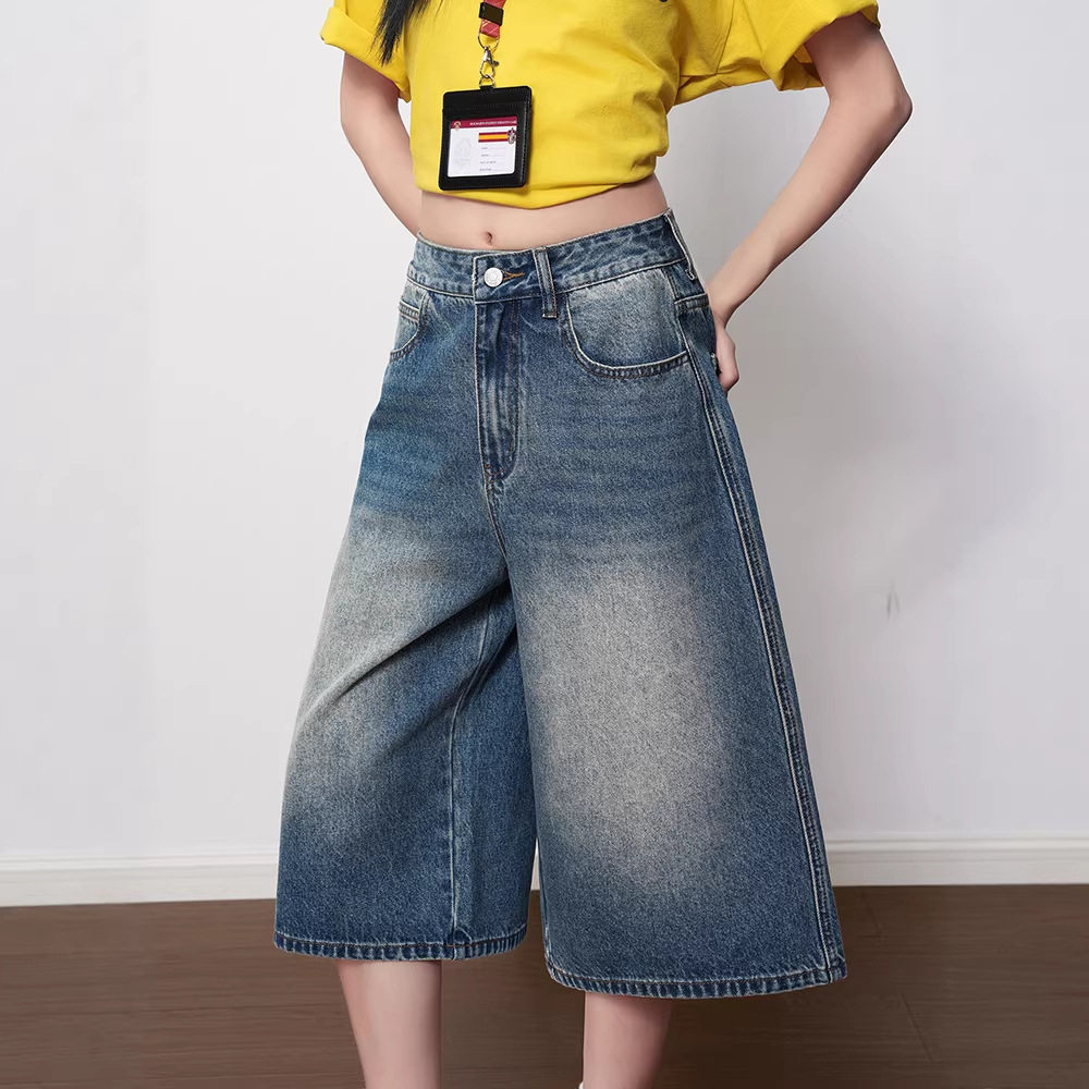 复古蓝阔腿七分牛仔裤女春夏新款宽松显瘦高腰小个子休闲直筒裤子