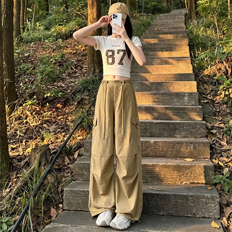 美式锦纶速干工装裤女款裤子女夏薄款显瘦阔腿卫裤直筒登山运动裤