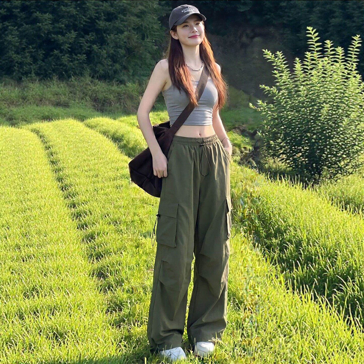 军绿色工装裤女2026新款夏薄款高腰垂感宽松小个子伞兵速干运动裤