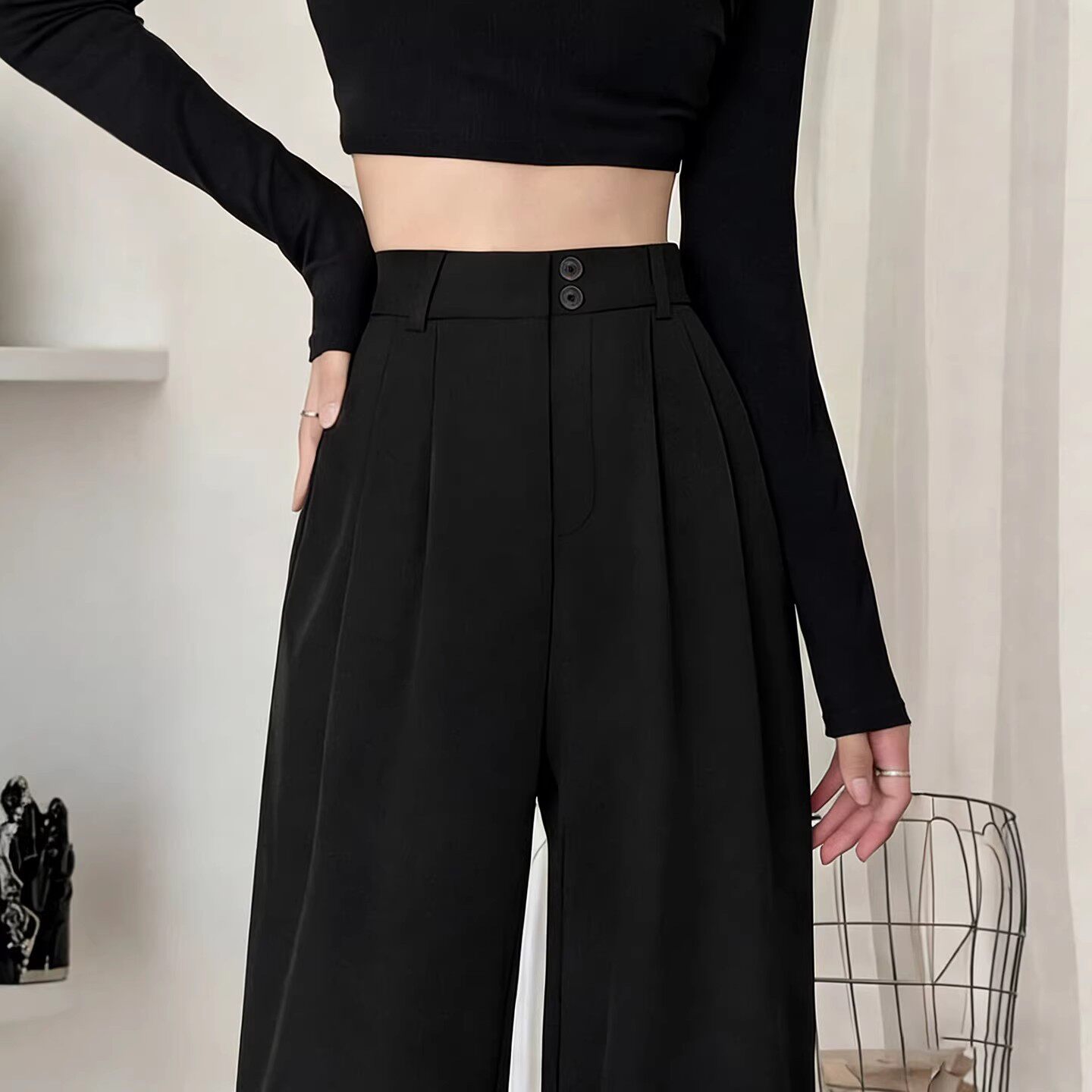 黑色西装裤女2026新款春季小个子高级感垂感窄版直筒休闲阔腿裤子