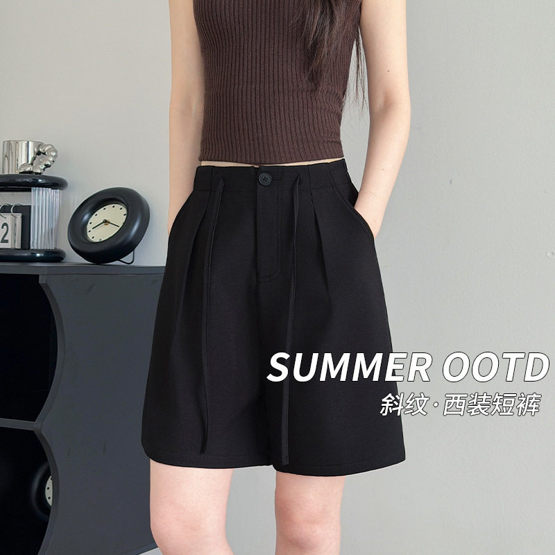 黑色西装短裤女夏薄款2026新款外穿高腰百搭阔腿中裤老钱风五分裤