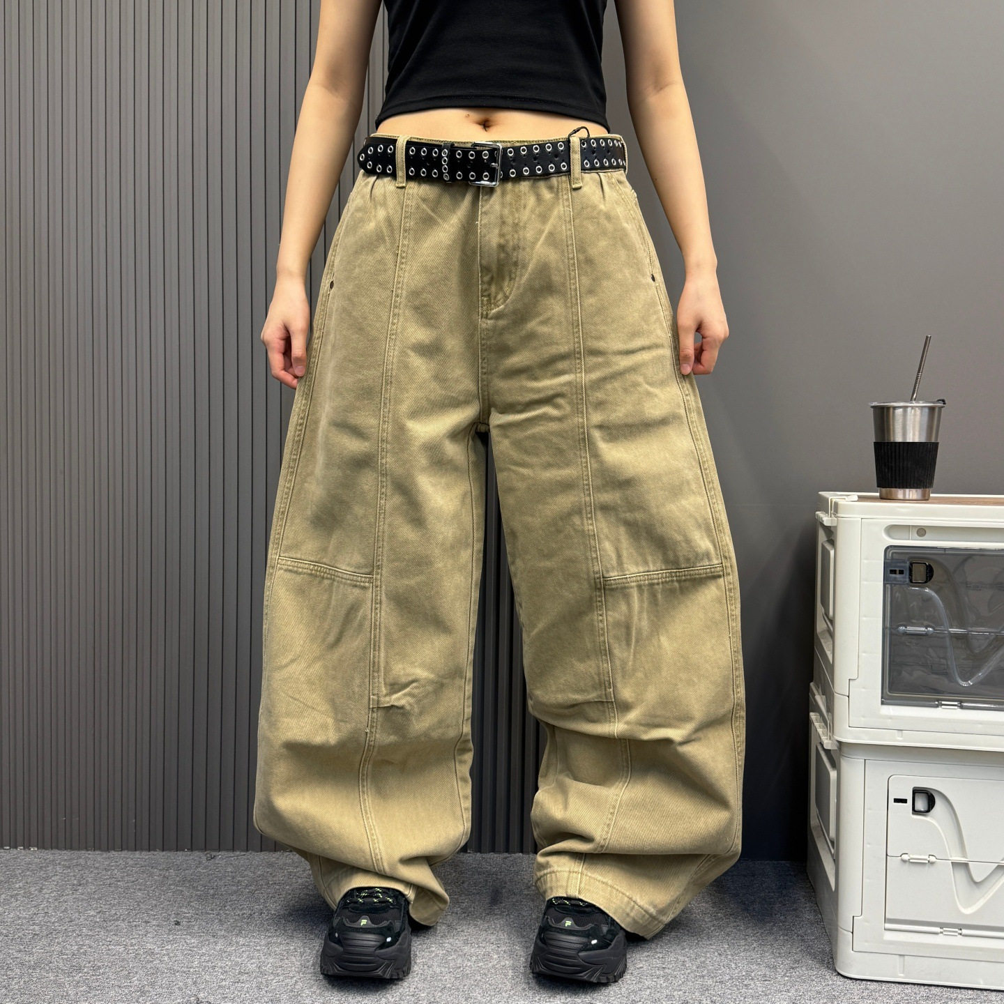 美式卡其色解构牛仔裤男女秋季潮复古高街工装裤宽松休闲阔腿长裤