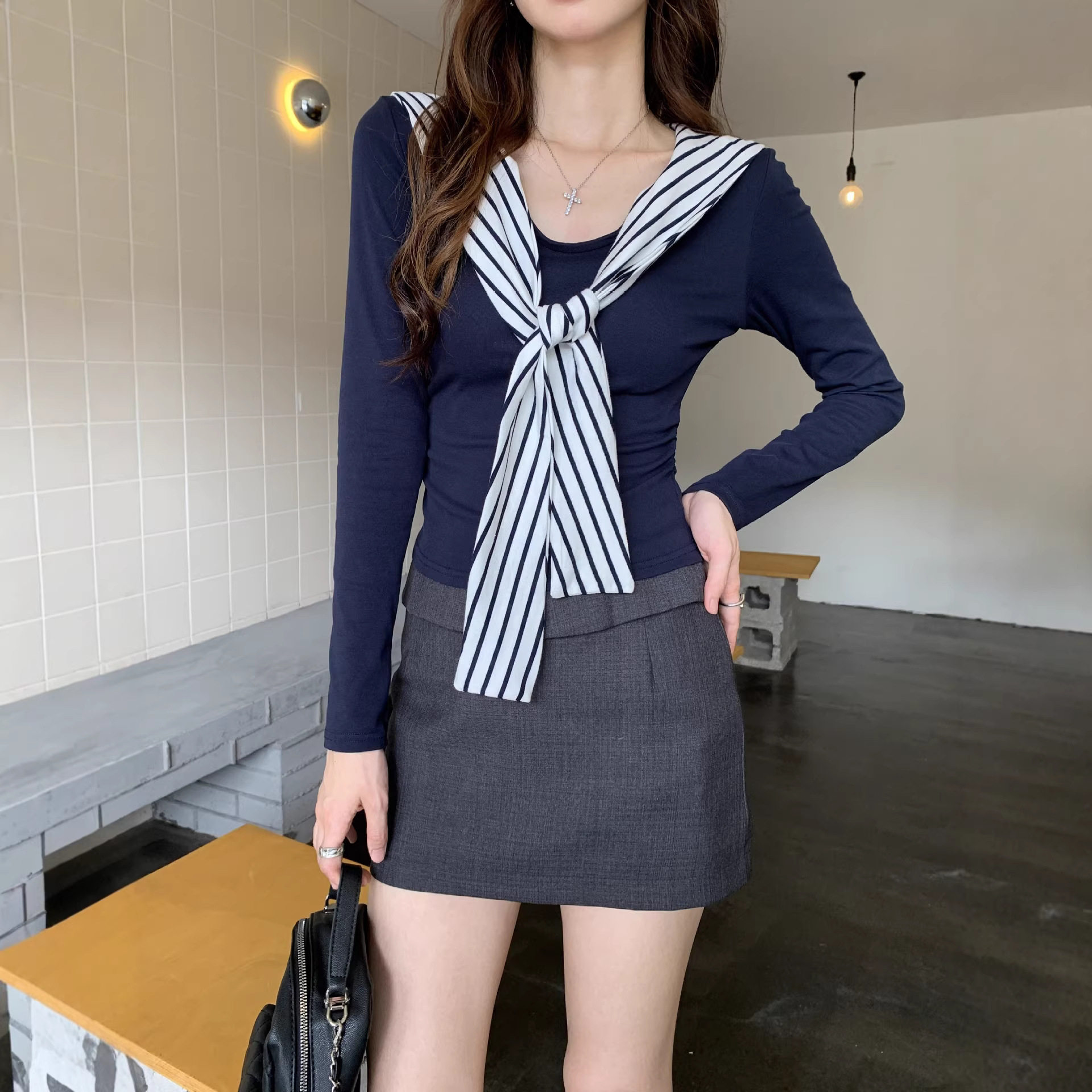 学院风假两件条纹系带披肩打底衫女春季韩系纯棉修身显瘦T恤上衣