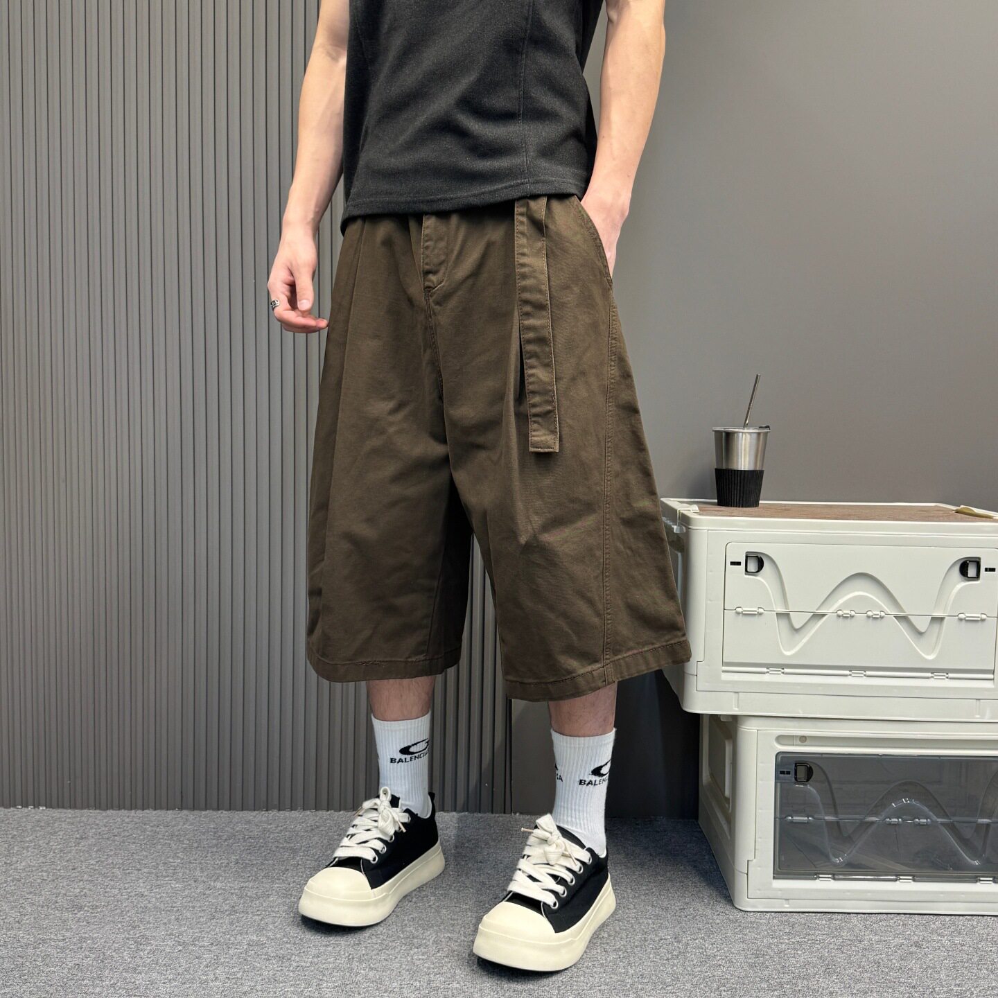 日系复古含腰带休闲裤七分短裤男女夏季宽松阔腿百搭纯棉休闲裤子