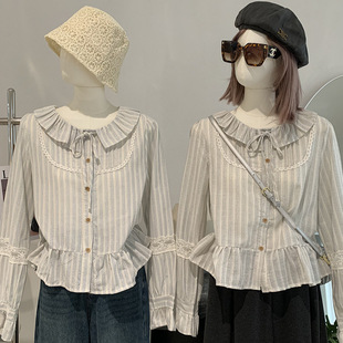女 欧玛莱 上衣春季 衬衫 5937 压褶荷叶边单排扣竖条纹拼接蕾丝长袖