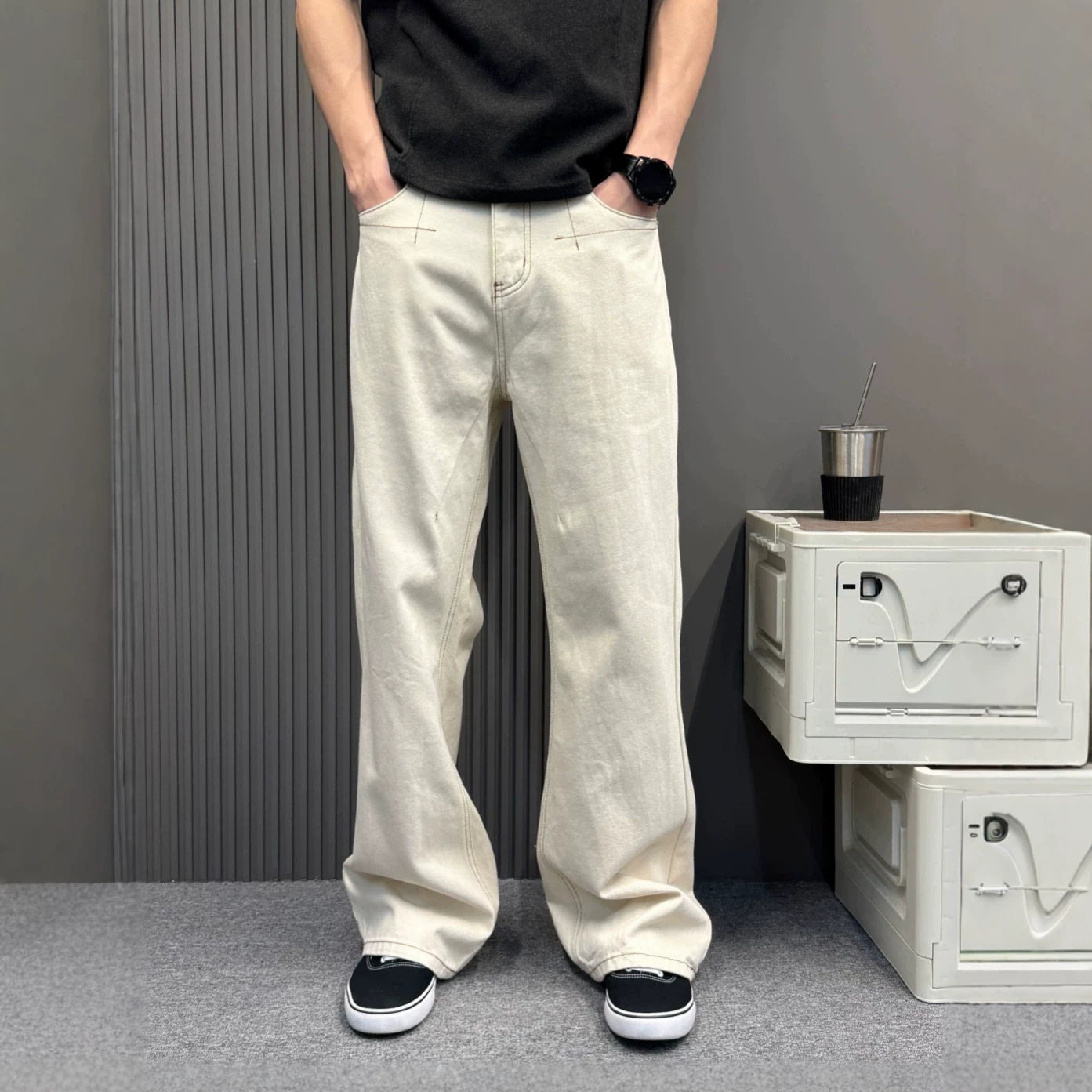 美式复古杏色牛仔裤男春秋季宽松直筒显瘦阔腿拖地水洗长裤子