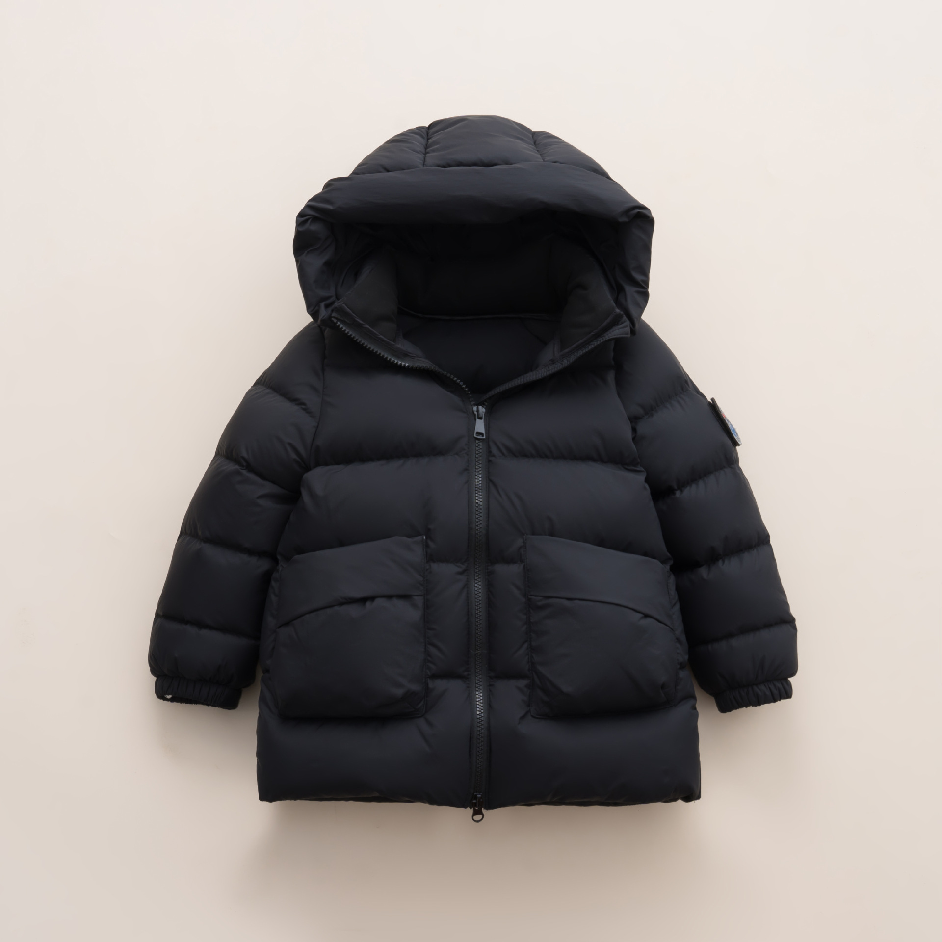 平湖驰新90白鸭绒中长款羽绒服冬装儿童加厚纯色羽绒外套连帽