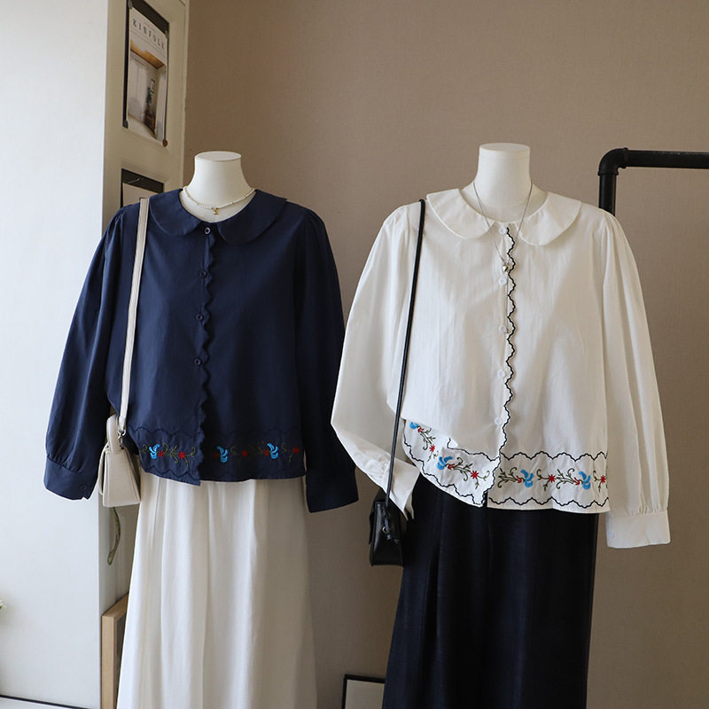 [比正]2026春季新款韩版田园刺绣减龄宽松显瘦娃娃领衬衫女5999