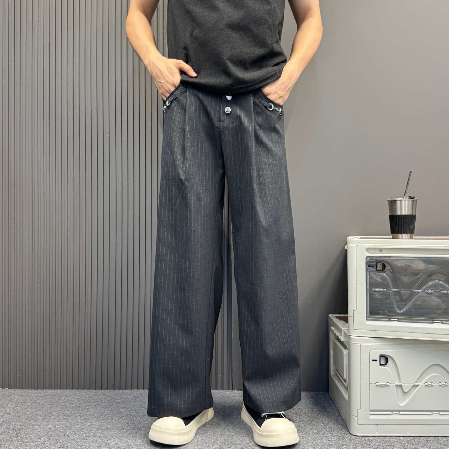 美式复古街头休闲打褶直筒微喇高腰条纹剑道飘带休闲裤男女情侣款