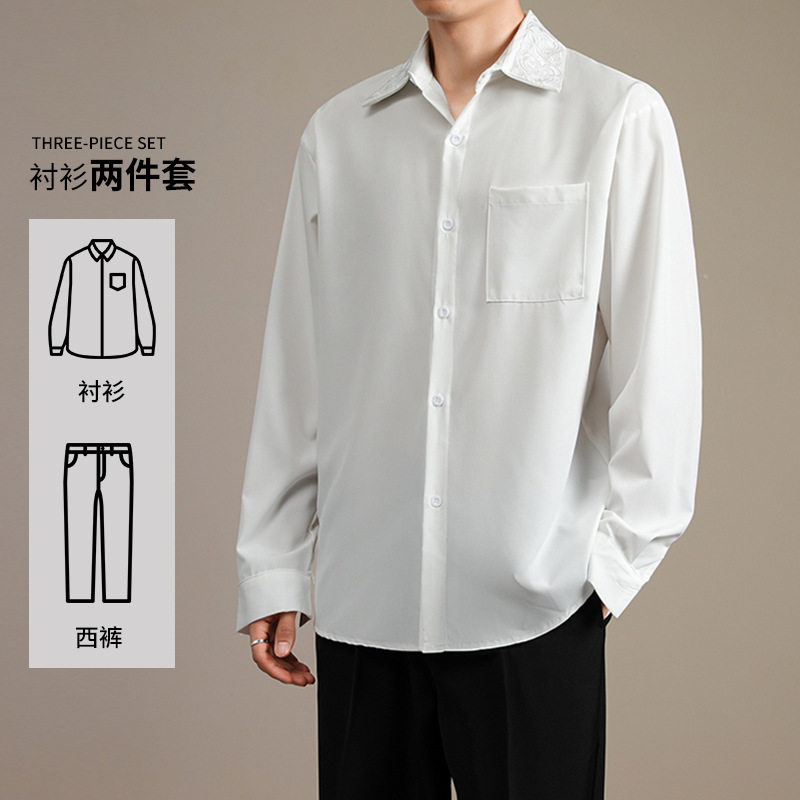 长袖衬衫男宽松纯色男生DK刺绣制服港风日系痞帅休闲外套两件套