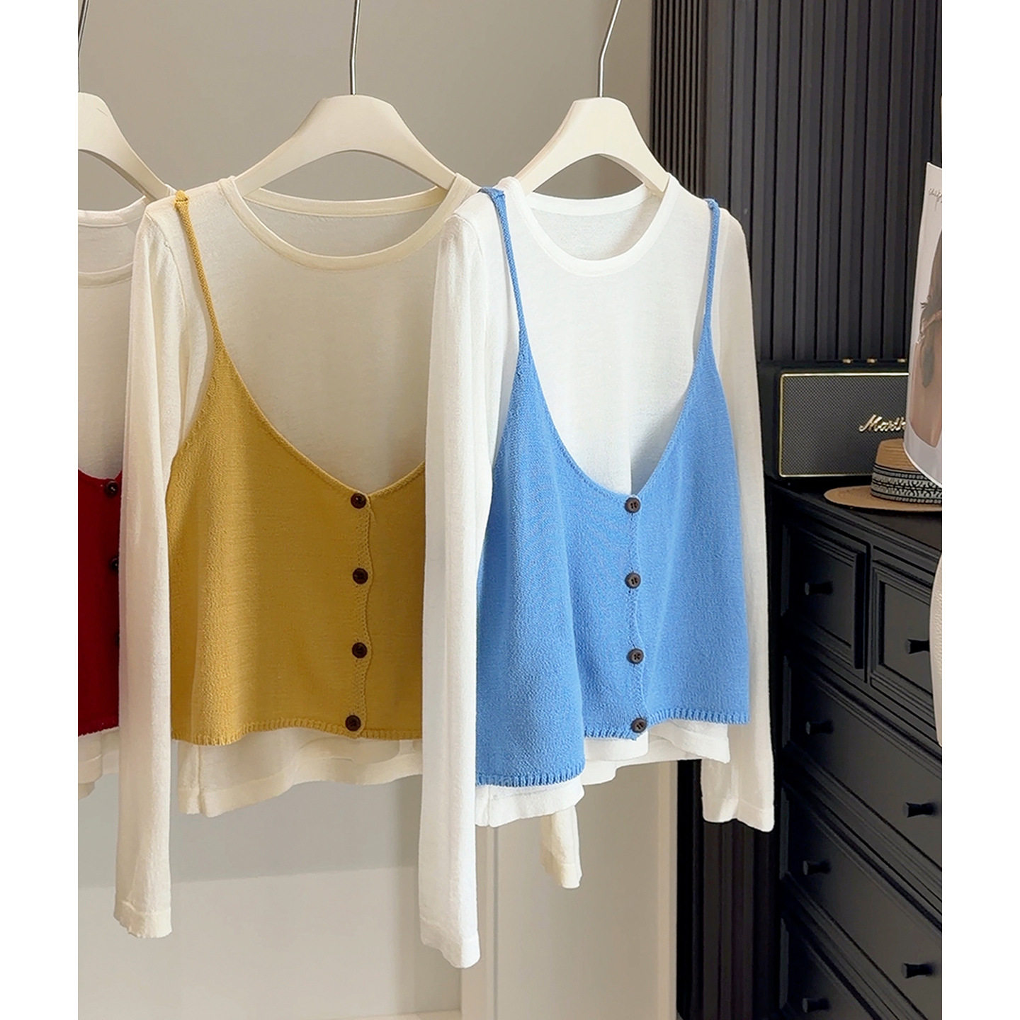 2026春新款韩版气质叠穿针织吊带背心长袖T恤衫两件套上衣套装女