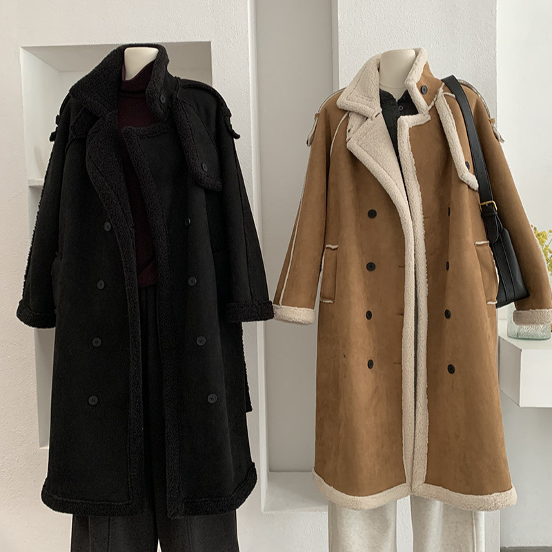 欧玛莱 加绒加厚羊羔毛大衣女中长款皮毛一体长袖外套上衣女