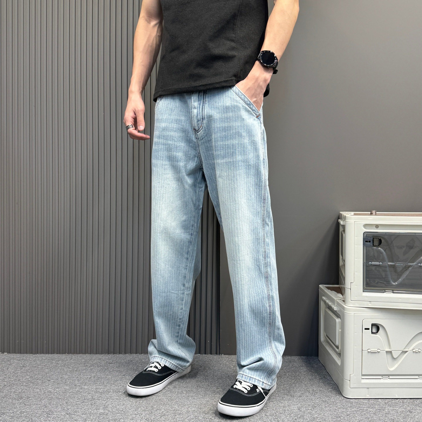 松弛街头水洗竖条纹阔腿牛仔裤男秋季新款宽松显瘦直筒垂感拖地裤