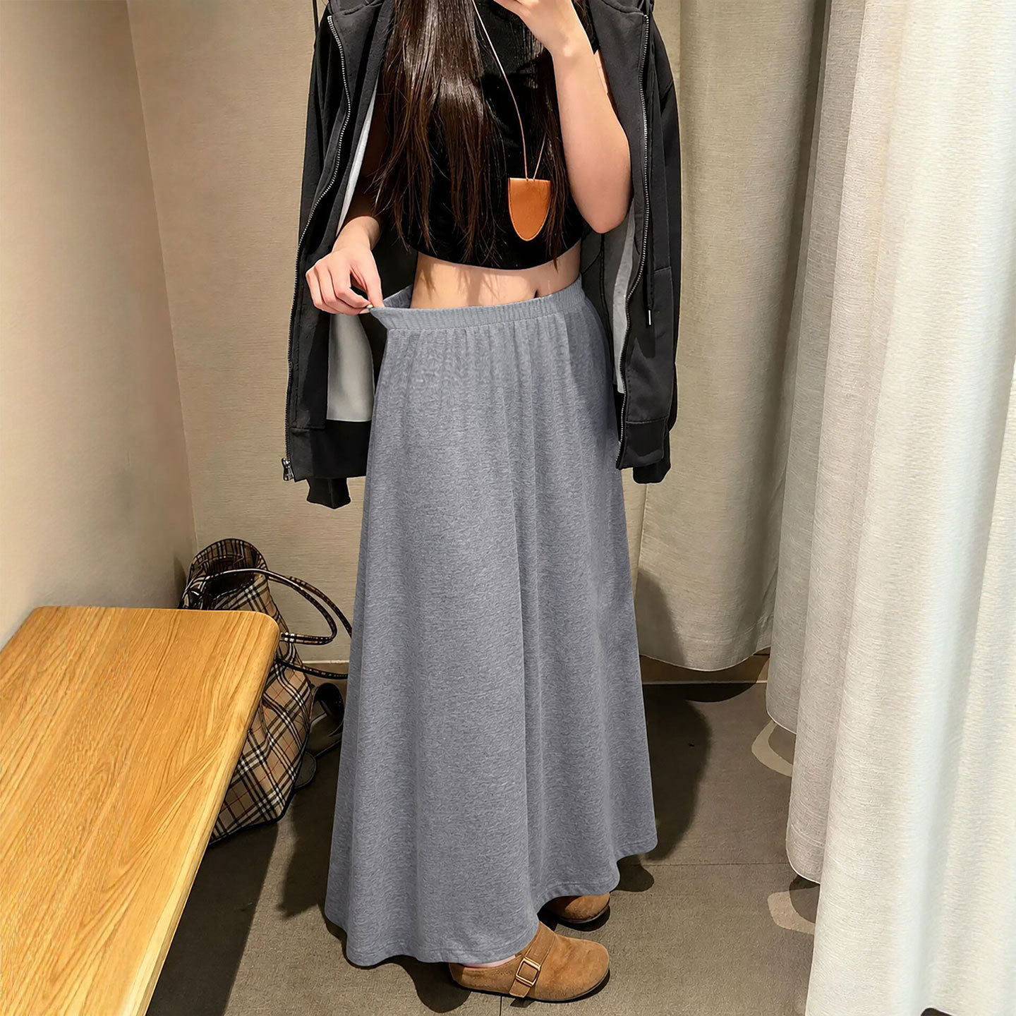 半身裙女秋季2026新款灰色小个子松紧腰a字伞裙中长款包臀长裙子