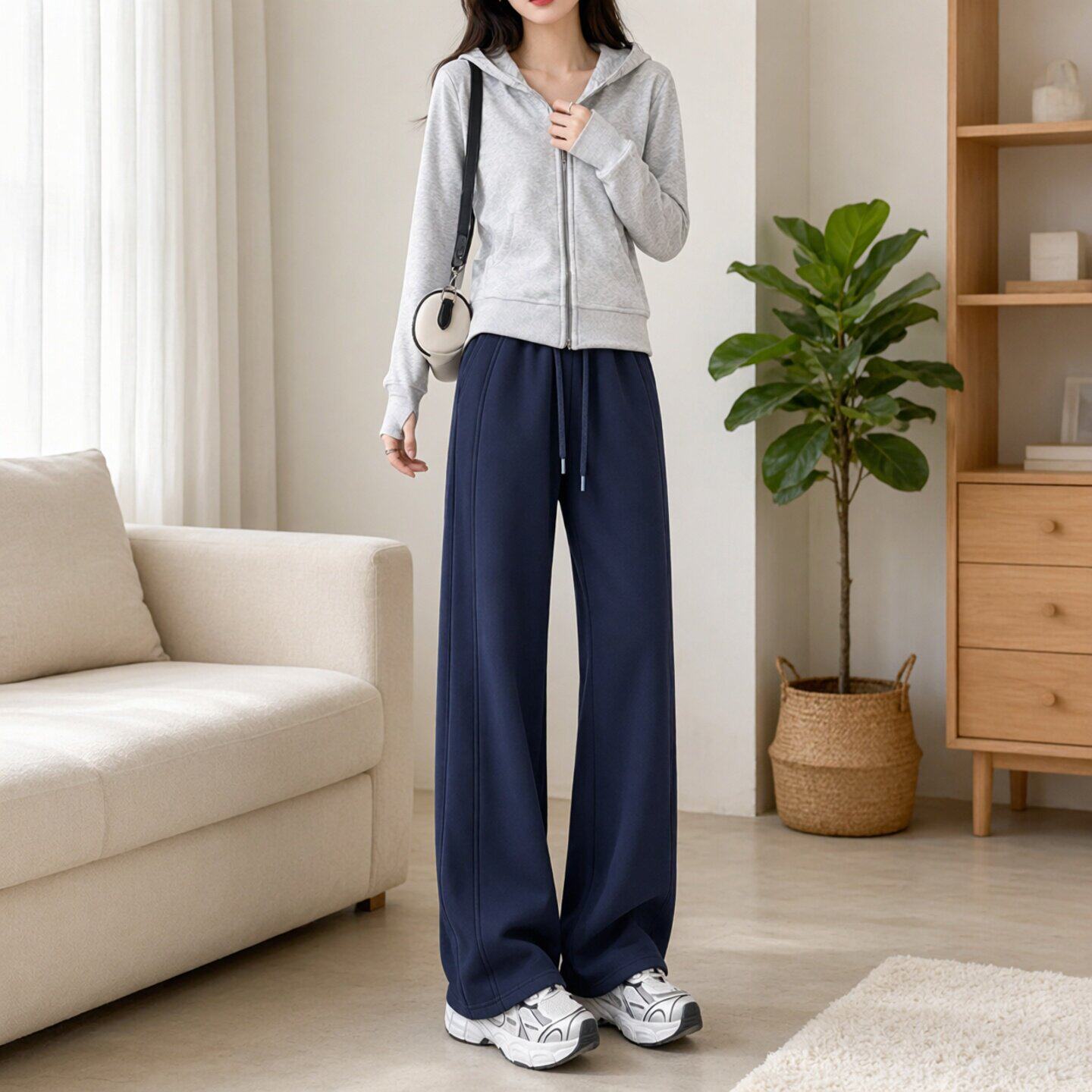 运动裤女款秋2026新款藏青色休闲直筒卫裤初中生校服窄版阔腿裤子