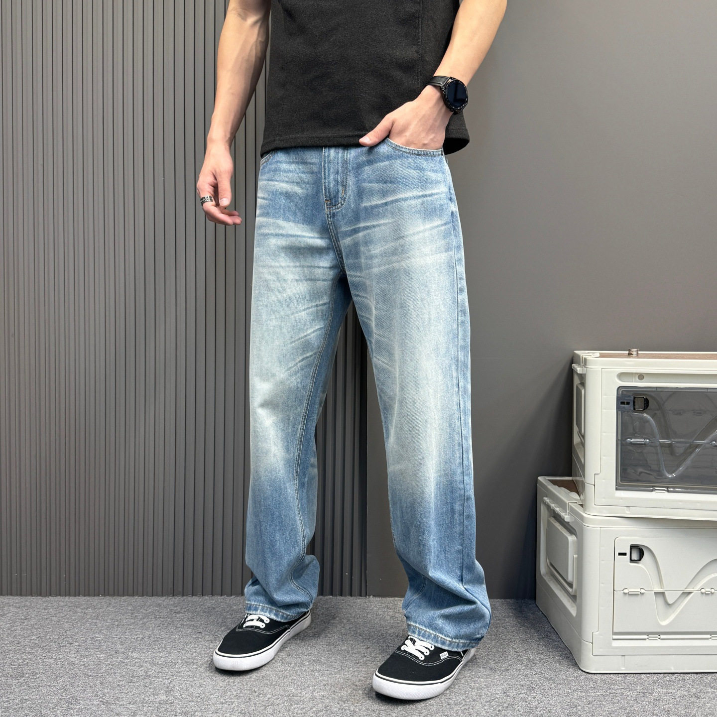美式日常基础款复古休闲做旧百搭牛仔裤男女潮显瘦直筒垂感长裤子