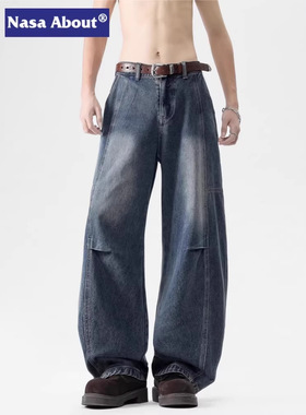 NASA ABOUT弯刀牛仔裤男士春季新款复古水洗蓝色解构风美式裤子