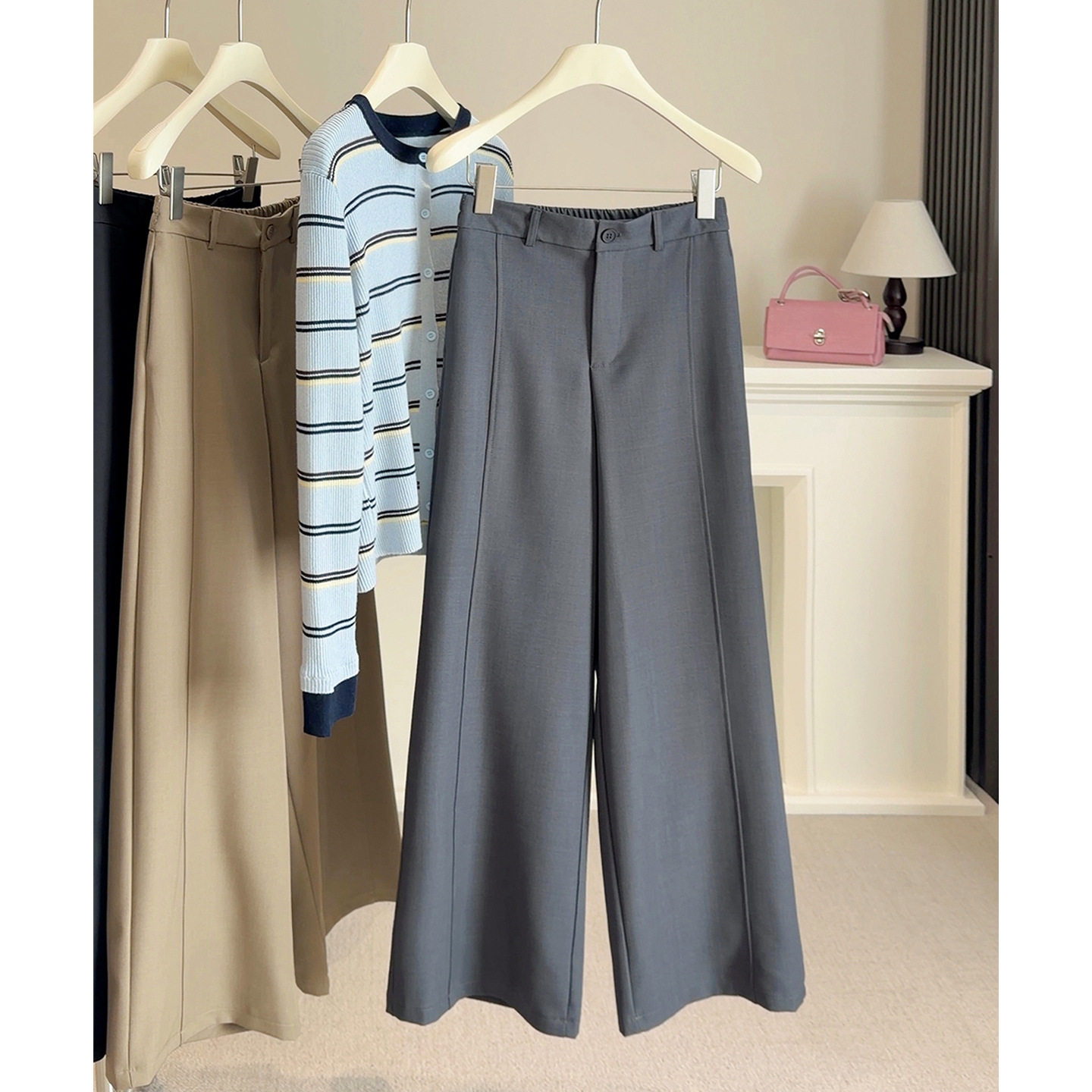 2026春新款灰色西装阔腿裤女松紧高腰宽松显瘦垂感慵懒休闲直筒裤