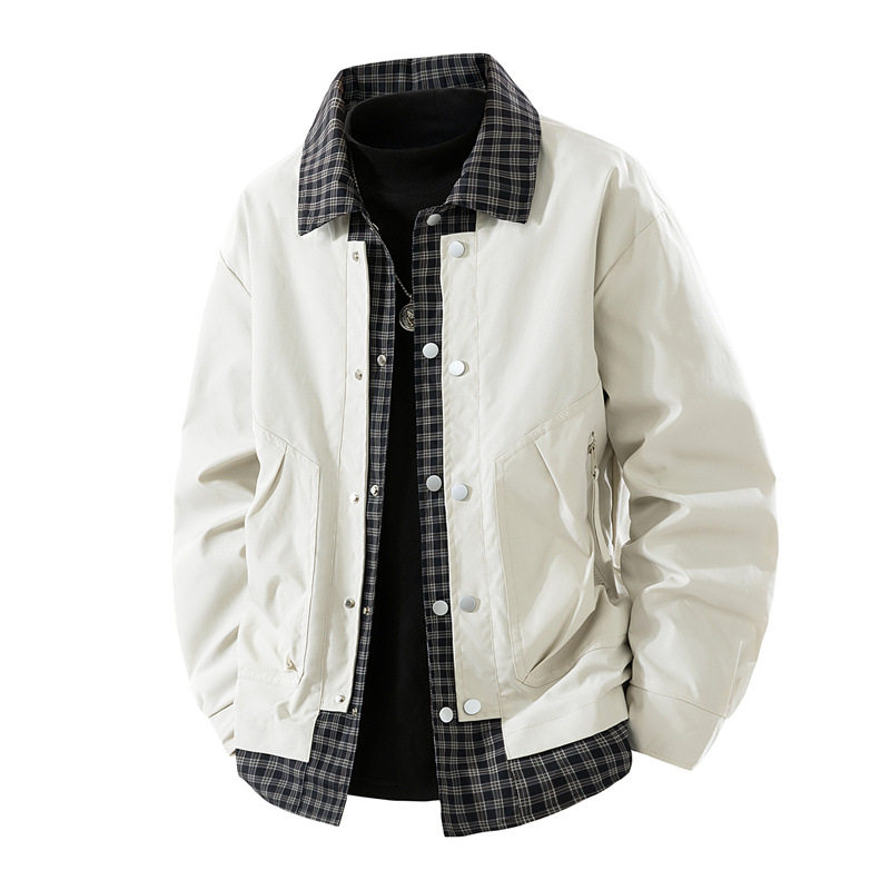 新款时尚休闲春秋男式格子衬衫领假两件外套青少年学生夹克衫外贸