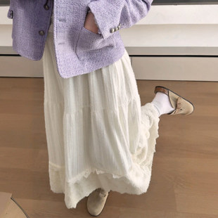 大码白色蕾丝半身裙女秋冬季高腰a字蛋糕裙长裙超好看毛绒蓬蓬裙