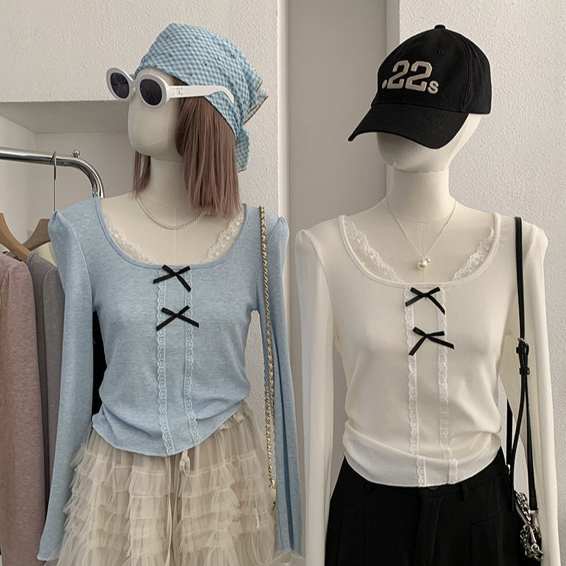 欧玛莱 U领蕾丝拼接蝴蝶结长袖T恤女春季打底衫内搭上衣实拍 6397