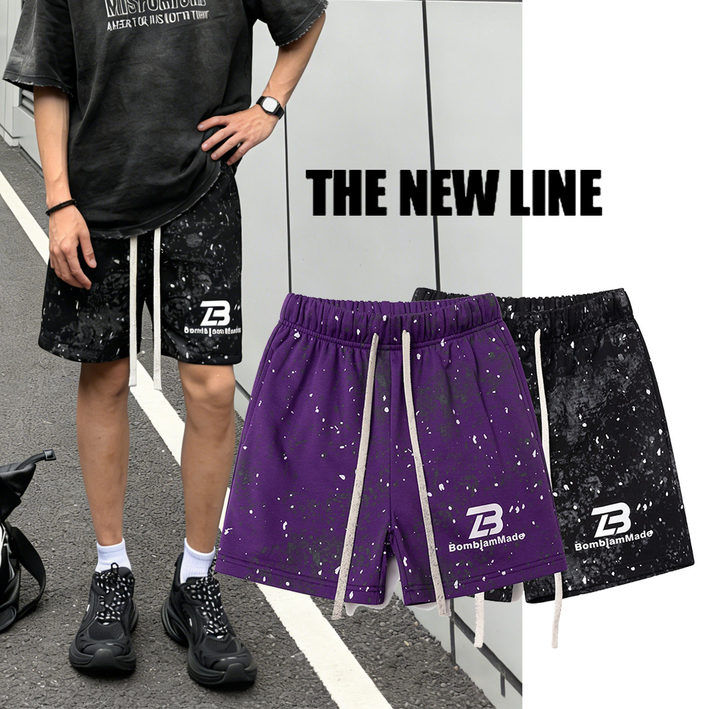 男夏季重磅毛圈休闲运动健身宽松潮牌美式街头裤子 泼墨四分短裤